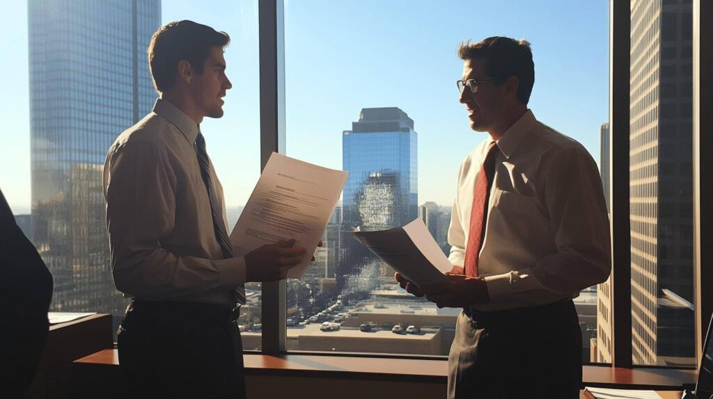 Lawyers talking in office