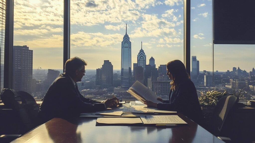 Lawyers talking in office